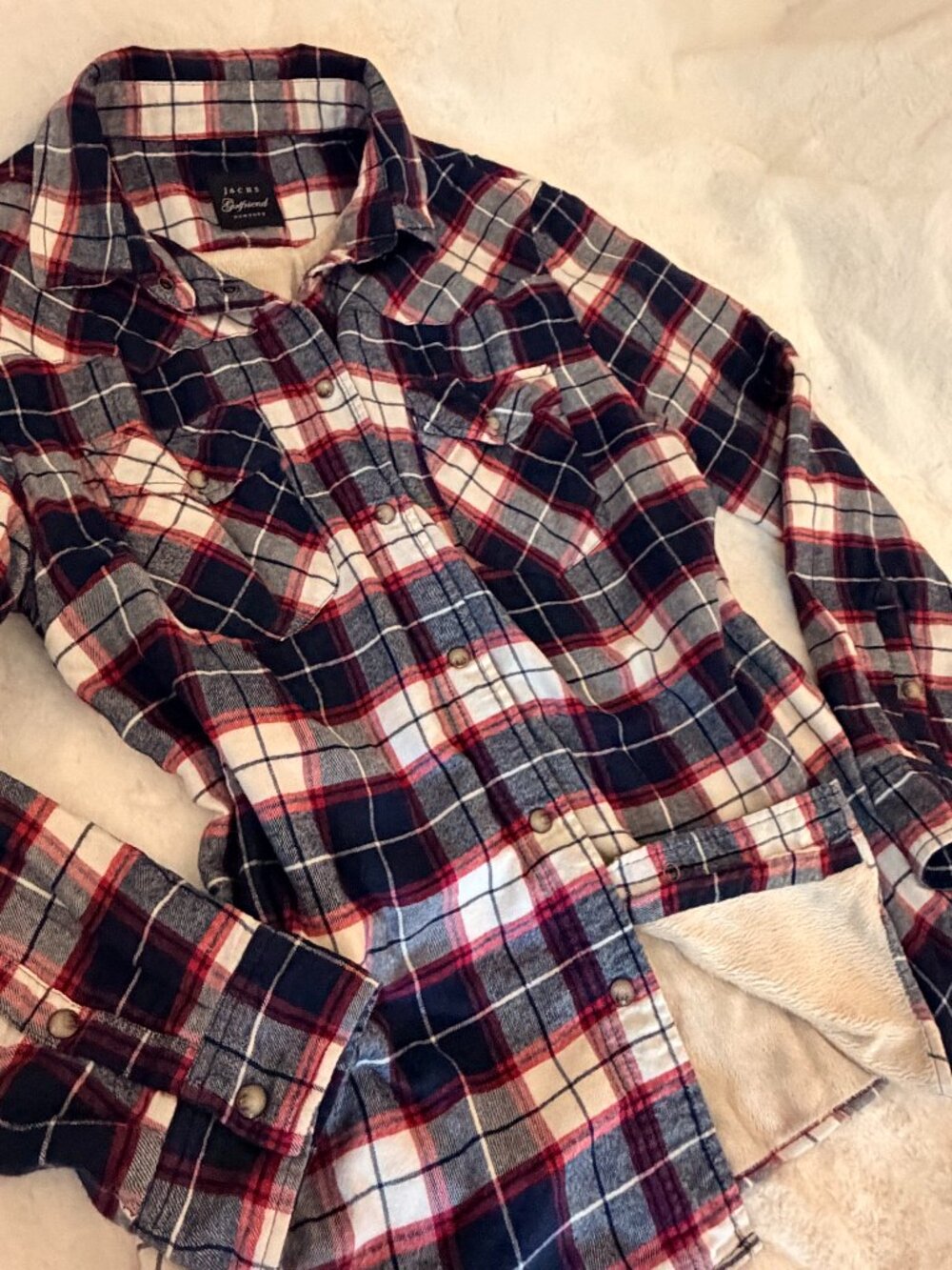 Ultra-Cozy Jachs Girlfriend Plush Faux-Fur Lined Plaid Flannel Shacket - Size M